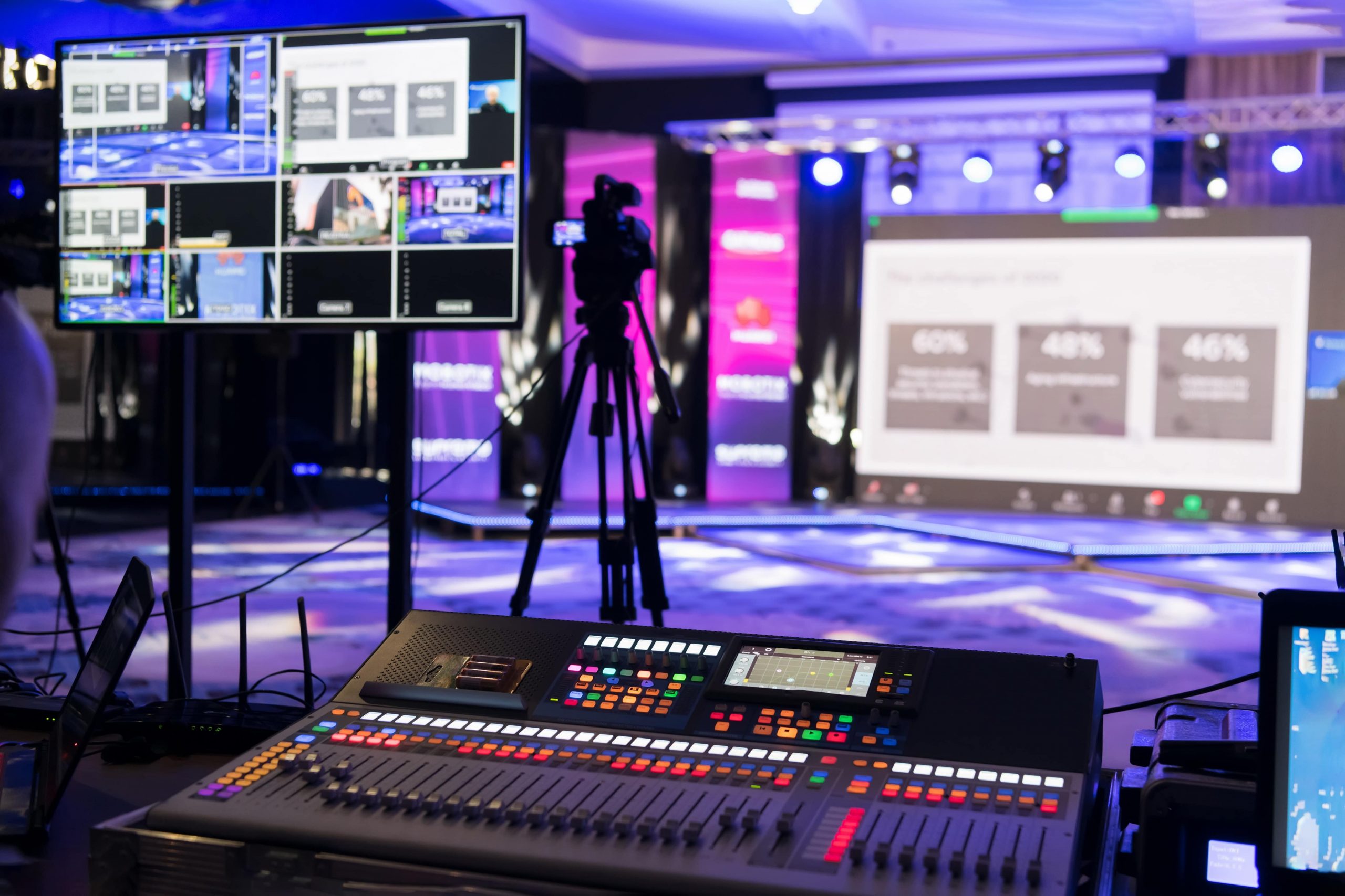 ShowEquip covers the Corporate Events sector / industry. Image of a broadcast set-up including video mixing multi view output along with audio mixer.