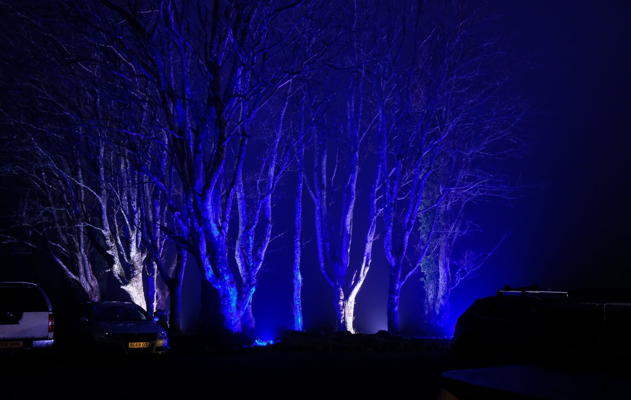 Outdoor lighting consisting of outdoor RGB flood lights used at North Hop at Schivas Steading.